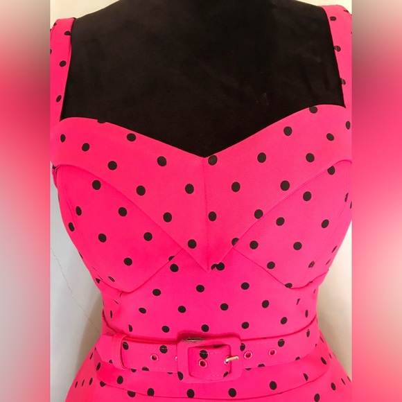 Vixen by Micheline Pitt Hot Pink Polka Dot Maneater Swing Dress Sz M - Picture 3 of 8